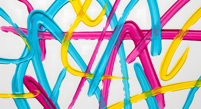 Vibrant abstract swirls of blue pink and yellow paint on white background