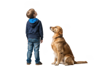 Young boy wearing blue hoodie and jeans standing beside golden retriever dog looking upwards isolated on transparent background