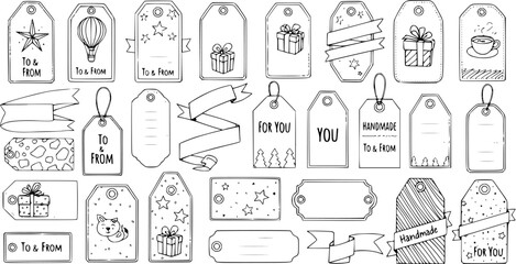 Hand-drawn Doodle Christmas Holiday Gift Tags Labels Ribbons Vector Collection - Festive Elements for Presents  Crafts