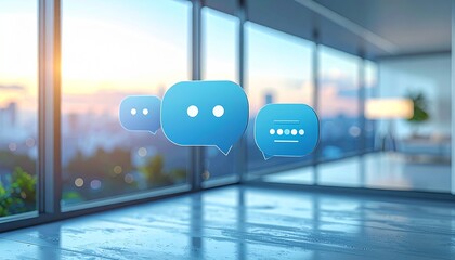 Floating blue chat bubbles in a modern office with glass windows and warm sunrise light