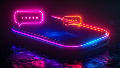 Neon pink and orange chat bubbles hovering above a smartphone in a dark cyber setting
