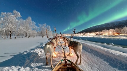 オーロラの景色とソリを引くトナカイ