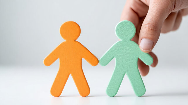 Two figures symbolizing teamwork and partnership with a guiding hand.