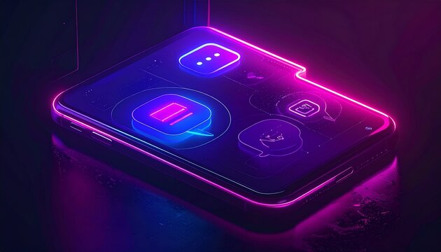 Futuristic holographic chat interface displayed on a smartphone with neon lighting