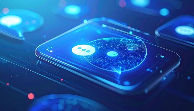 Glowing blue chat interface on a smartphone with futuristic hologram effects