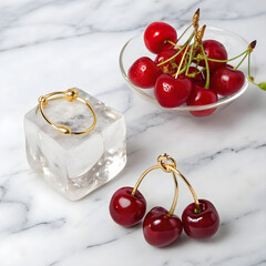 Sculptural arrangement of vibrant red cherries, pierced with delicate skewers.