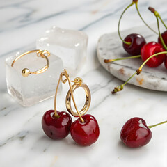 Sculptural arrangement of vibrant red cherries, pierced with delicate skewers.