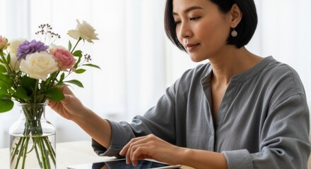 Lifestyle concept: Asian woman combining flower arrangement hobby with tablet use at home, wooden table setup
