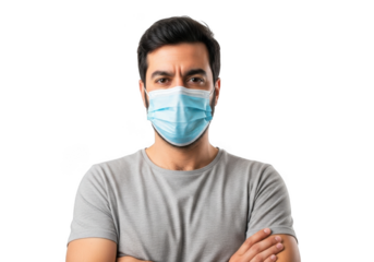 Serious man wearing a light blue medical face mask with arms crossed looking directly forward isolated on transparent background