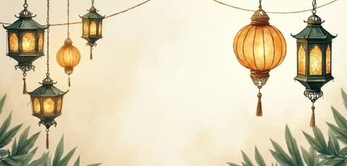 Elegant ornate lanterns in gold, dark green colors hang suspended. Soft light emanates from within, creating warm inviting glow. Festive decorations suggest celebration, cultural holidays with