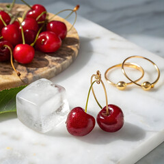 Sculptural arrangement of vibrant red cherries, pierced with delicate skewers.