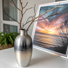 Silver vase with airbrushed gradient finish, sleek modern design.