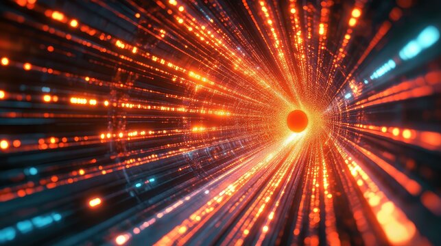 Digital data streaking through futuristic fiber optic tunnel
