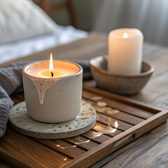 Single elegant candle resting on warm wooden surface, soft glow, minimalist aesthetic.