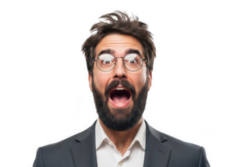 A man with a beard and glasses wearing a suit with his mouth wide open in surprise isolated on transparent background