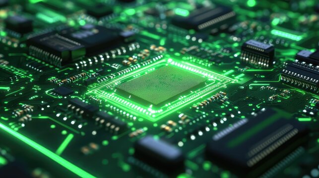 Microprocessor powering circuit board with green glowing lights