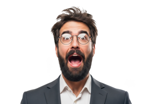 A man with a beard and glasses wearing a suit with his mouth wide open in surprise isolated on transparent background - Powered by Adobe