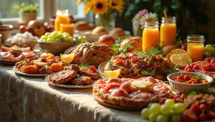 Festive easter brunch table with various food. Sweet pastry and savory dishes. Juice in glass jars. Spring flowers decor. Family gathering for tasty holiday meal. Traditional treats served.