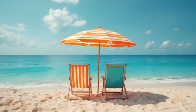 Two empty beach chairs sit under an umbrella on a sandy shore with calm turquoise ocean waves. Bright sunny day, clear blue sky, perfect for relaxation.