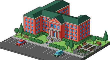 Isometric university campus with green space and convenient parking