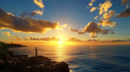Man fishing rocky outcrop ocean sunset clouds silhouette water scenic peaceful nature outdoor