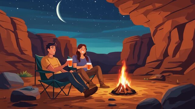Couple Enjoying Drinks by Campfire Under Starry Night Sky