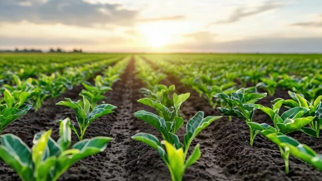 Young crop field sunrise growth soil rows of seedlings in neat green morning light