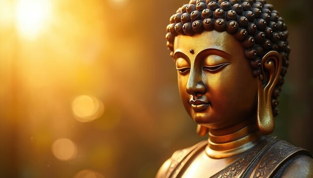 Golden Buddha statue bathed in warm sunlight. Serene face shows peaceful expression. Spiritual artifact detail in natural outdoor setting. Calm meditation pose.