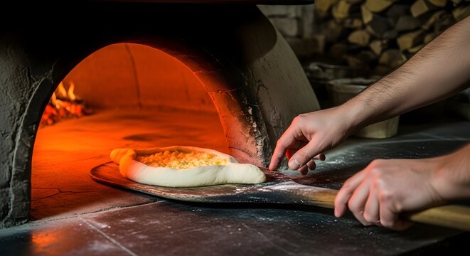 Baking traditional khachapuri in wood-fired oven