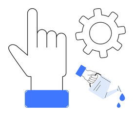 Hand pointing upward, a gear representing settings, and a watering can pouring water suggest growth, innovation, and productivity. Ideal for technology, teamwork, process development, startup