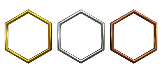3D Metallic Hexagon Outline Frames – Gold Silver Bronze UI Icon Borders (Transparent PNG)