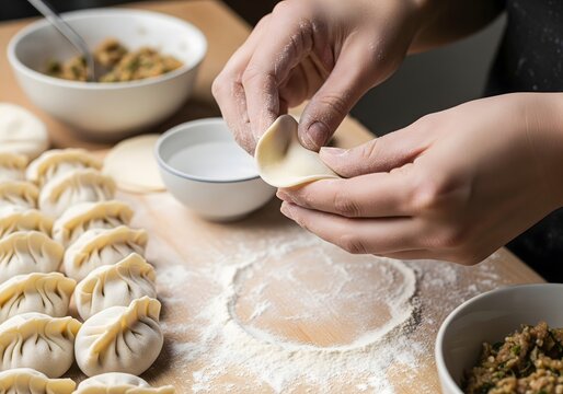 Hands folding traditional homemade Chinese Jiaozi dumplings on wooden table - Powered by Adobe