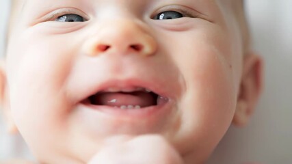 Close-up of happy baby face showing first teeth, smiling infant with small hands. - Powered by Adobe