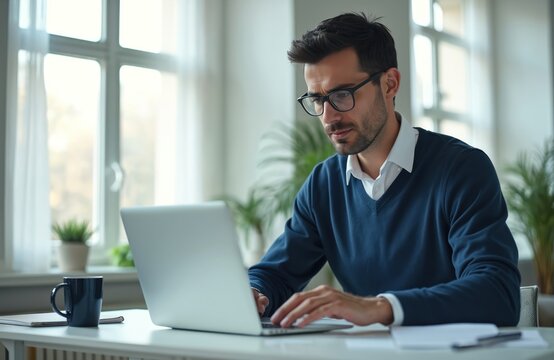 Man with glasses types on laptop computer. He works at desk near window with houseplants. Person concentrates on task in modern office environment, using tech for job.