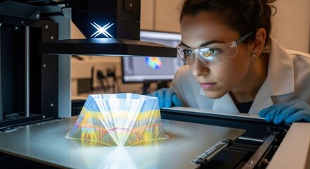Woman scientist using advanced bioprinter to create a futuristic object in laboratory. Modern technology for research and development.