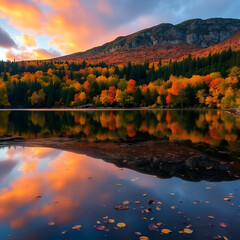 Autumn lake reflection, vibrant colors