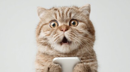 スマホを持ったびっくりする猫