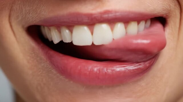 Extreme close-up of a person's mouth with tongue out, showing teeth and lips