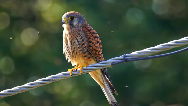 Beautiful kestrel bird perched on wire in nature with blurred background.