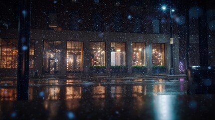 雪降る夜の街並み