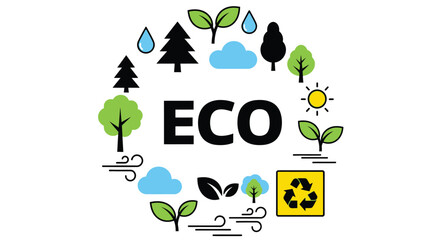 Eco-friendly living with recycle logo, trees, water, wind, and sun