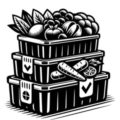 Stacked containers with fresh vegetables for meal prep. Black vector icon with transparent background 