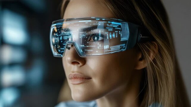 Futuristic augmented reality headset holographic interface woman focused expression headset headset