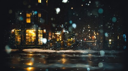 雪降る夜の街並み