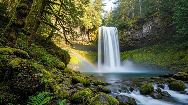 A serene waterfall in a lush forest with a rainbow above. - Powered by Adobe