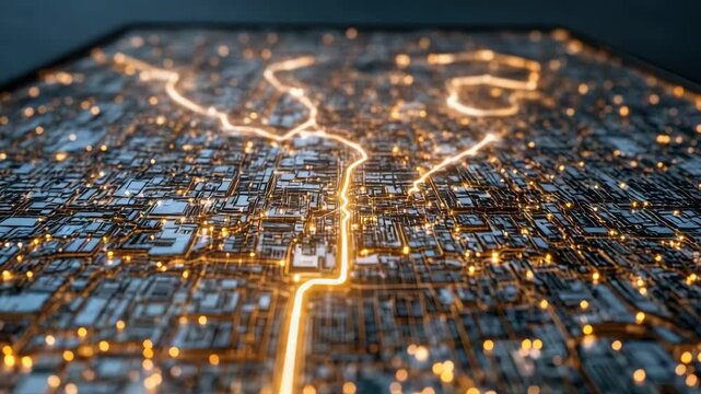 Glowing circuit city map pathway of illuminated data technology futuristic motherboard with warm