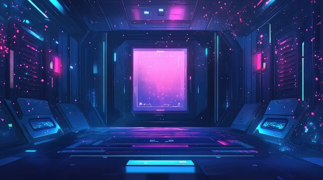 Futuristic spaceship bridge command center with neon glowing screens - Powered by Adobe