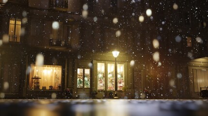 雪降る夜の街並み