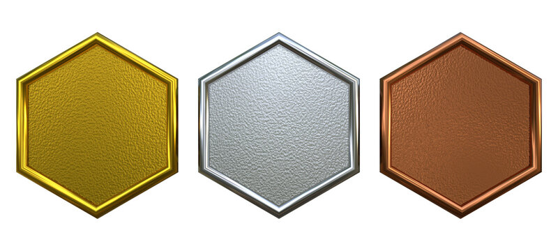 3D Metallic Hexagon Rank Badges &ndash; Gold Silver Bronze Textured Emblem Set (Transparent PNG)