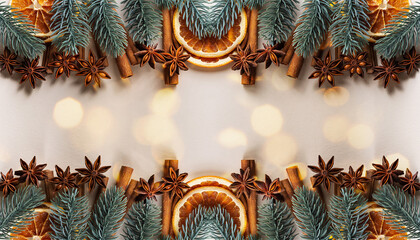 Festive Christmas Border With Oranges, Cinnamon Sticks, Star Anise, And Pine Needles On A Soft Bokeh Background